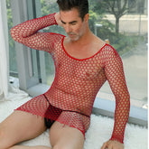 Men's Sexy Fishnet Bodystocking – Sheer Mesh One-Piece Lingerie, Stretch Bodysuit, Black & Red