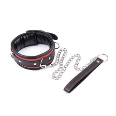 Black & Red Leather BDSM Collar Set - Adjustable Locking Neck Cuff with Chain Leash