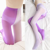 Japanese Asymmetrical Color-Block Pantyhose for Women, Velvet AB Yin-Yang Design, Three Colors Available