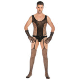 Men's Sexy Black Fishnet Bodysuit Set – High Stretch Jacquard Mesh Lingerie with Lace Gloves | One Size