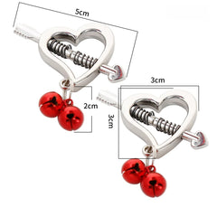 红色/银色爱心铃铛乳夹|可调节铁链咪咪夹子