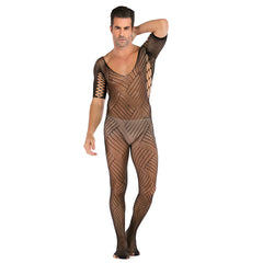 Men's Black Fishnet Bodysuit | Short Sleeve Sheer Mesh Jumpsuit with Cross Pattern Design