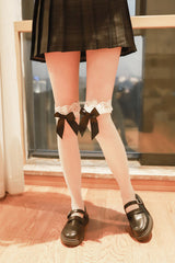 Girls Sexy Black Bowknot Lolita Over Knee White Stocking