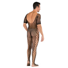Men's Black Fishnet Bodysuit | Short Sleeve Sheer Mesh Jumpsuit with Cross Pattern Design