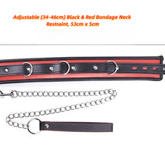 Black & Red Leather BDSM Collar Set - Adjustable Locking Neck Cuff with Chain Leash