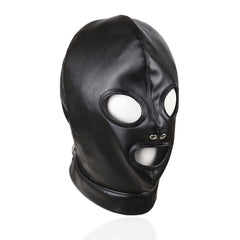 Black PU Leather Open Mouth & Eye Hood | BDSM Bondage Mask for Role Play & Fetish Lovers