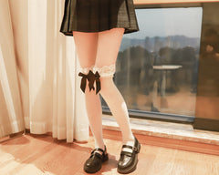Girls Sexy Black Bowknot Lolita Over Knee White Stocking