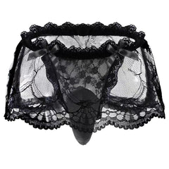 Men Crossdressing Sissy Lace High Waist Skirted G-string in Black