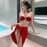 烈焰红三点式温泉套装 性感抹胸比基尼泳衣