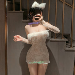 Pure Desire White Cat Ear Lingerie Set – Sheer Lace Chemise, T-Back & Accessories | Cute Cosplay Sleepwear