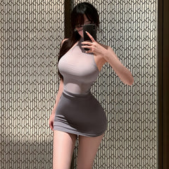 Luxury Grey Ice Silk Halter Dress Set – Sheer Mesh Backless Bodycon Lingerie (Dress + Thong)