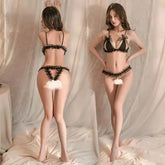 Women's Sexy Pearls Beaded Lace Bralettes and Thongs Set in Black