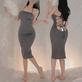 Sexy Backless Hollow Cross Strap Style Dress + Gray Stockings