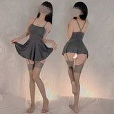 Sexy Ice Silk Slip Lingerie Set – Backless Strappy Nightdress with T-Back Panty+Grey Stocking