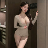 Sexy Zip Front Bodysuit Lingerie – Deep V One-Piece with Open Crotch | Khaki & Grey