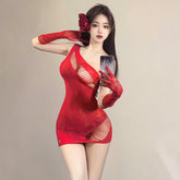 性感玫瑰红单肩可撕纯欲透视网衣裙套装