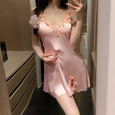 Pink Embroidered Satin Backless Slip Dress | Sexy Summer Lingerie Nightwear