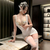 神秘维纳斯白色情趣胸链露胸包臀连衣裙套装(睡裙+胸链+乳贴+T裤)