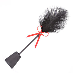 Women’s Flirty Diamond Feather Paddle – Black Ostrich Feathers with Red Rhinestone Bow