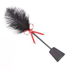 Women’s Flirty Diamond Feather Paddle – Black Ostrich Feathers with Red Rhinestone Bow