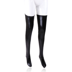 女用漆皮涂胶情趣弹力长筒黑色皮袜|防滑条+侧拉链设计|五尺码可选