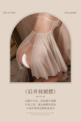 Sexy Strap Back Slit Babydoll Mesh See Through Nightdress in White
