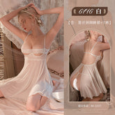 Sexy Strap Back Slit Babydoll Mesh See Through Nightdress in White