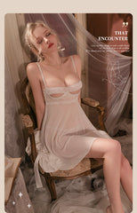 Sexy Strap Back Slit Babydoll Mesh See Through Nightdress in White