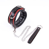 Black & Red Leather BDSM Collar Set - Adjustable Locking Neck Cuff with Chain Leash
