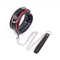 Black & Red Leather BDSM Collar Set - Adjustable Locking Neck Cuff with Chain Leash