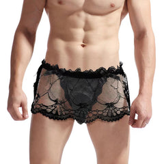Men Crossdressing Sissy Lace High Waist Skirted G-string in Black