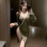 Chinese-Inspired Lace Mesh Cheongsam Lingerie Set with Thong & Nude Tights – Green
