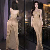 Golden Glitter Bodycon Lingerie Dress – Sexy Slit Slip Nightdress for Women