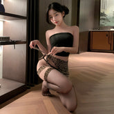 Leopard Temptation Secretary Set – Halter Crop Top, Bodycon Mini Skirt, G-String & Black Stockings