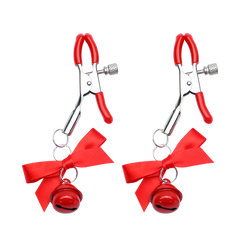 红色铃铛蝴蝶结情趣乳夹 - 精致性感配件