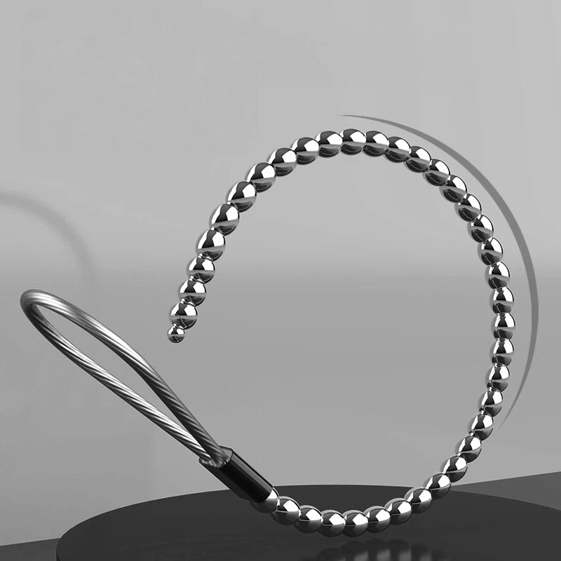 Stainless Steel Beaded Urethral Sound with Pull Ring – Adult Intimate Toy, 145mm Insertable Length
