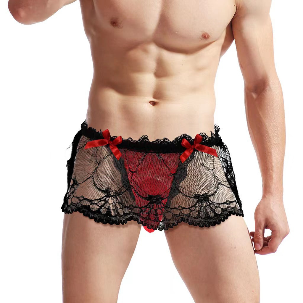 Men Crossdressing Sissy Lace High Waist Skirted G-string in Red