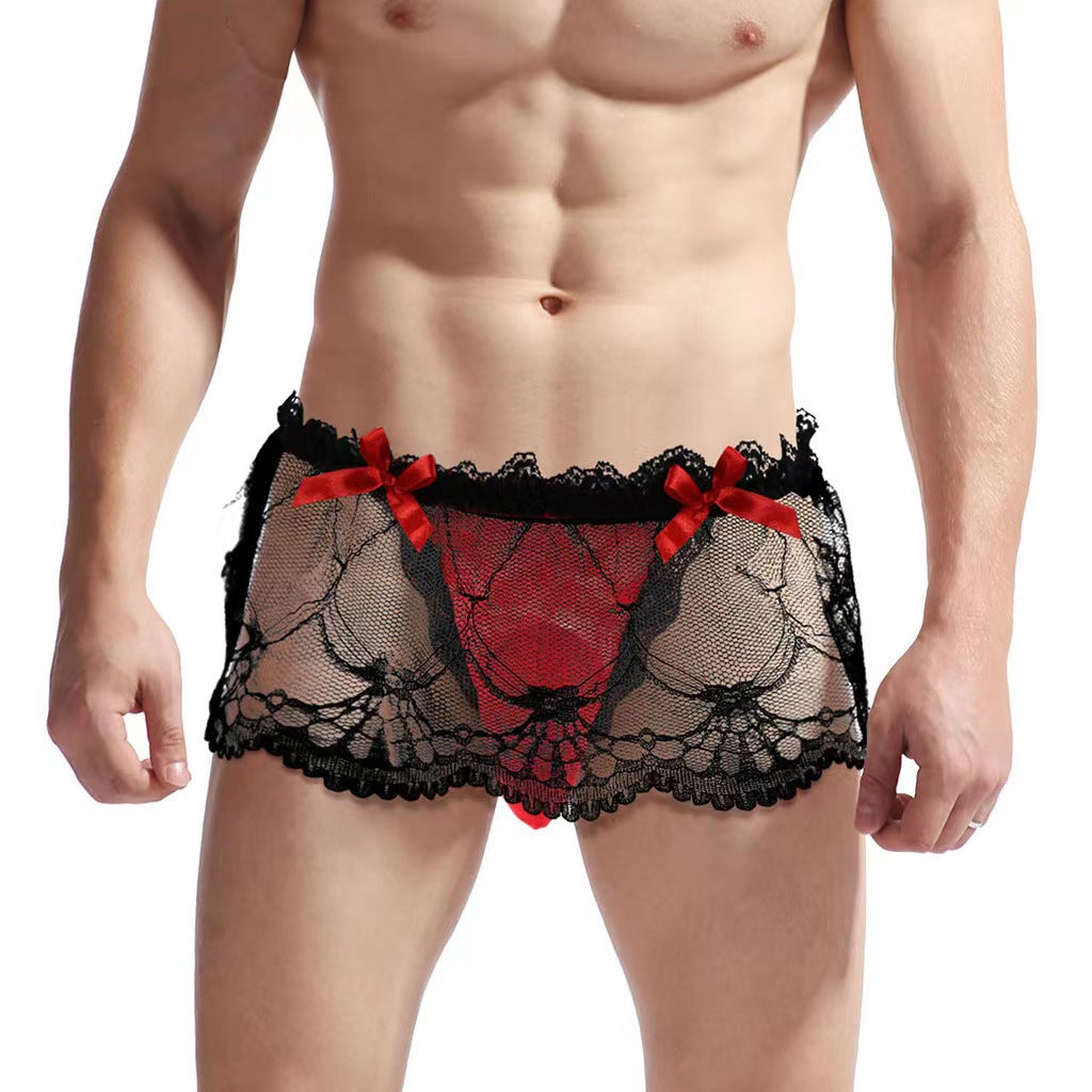 Men Crossdressing Sissy Lace High Waist Skirted G-string in Red