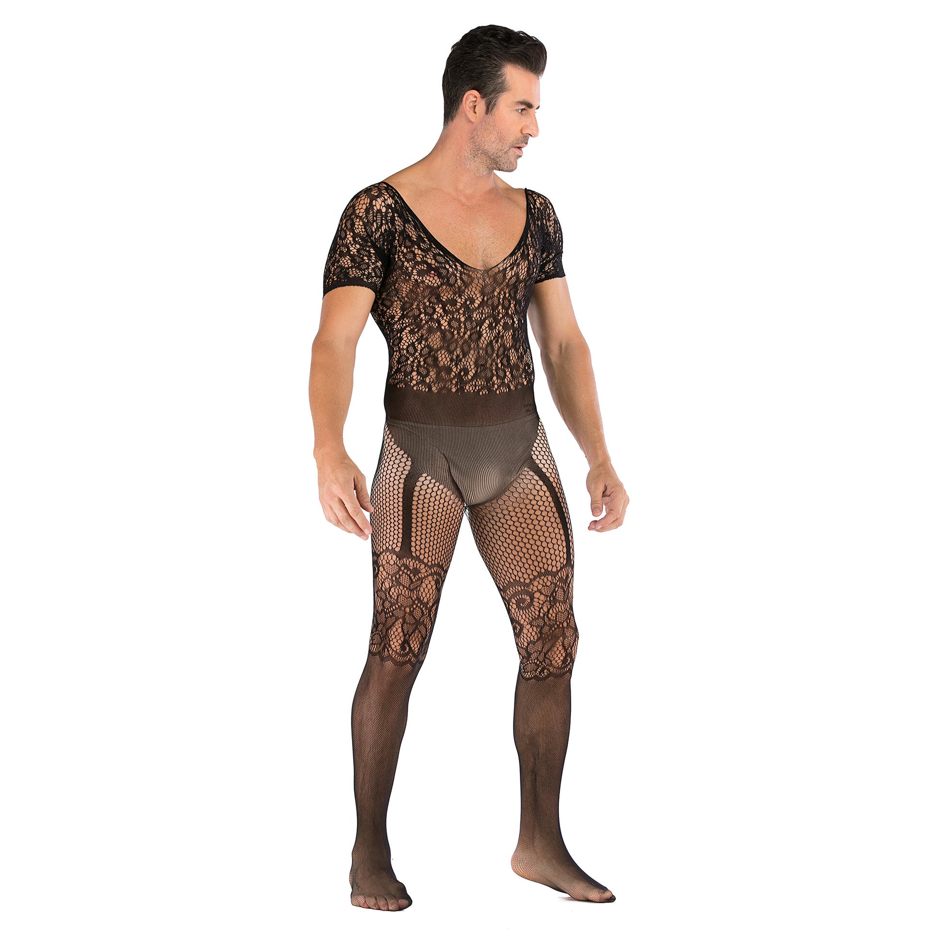 Mens Sexy Lace Fishnet See Through Bodystocking