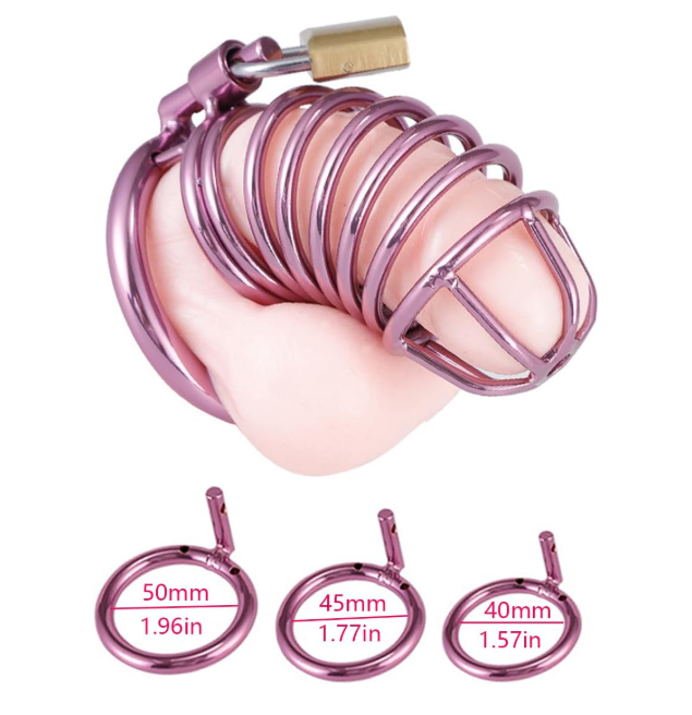 Purple Stainless Steel Male Cage Chastity Device with Three Different Sized Penis Rings