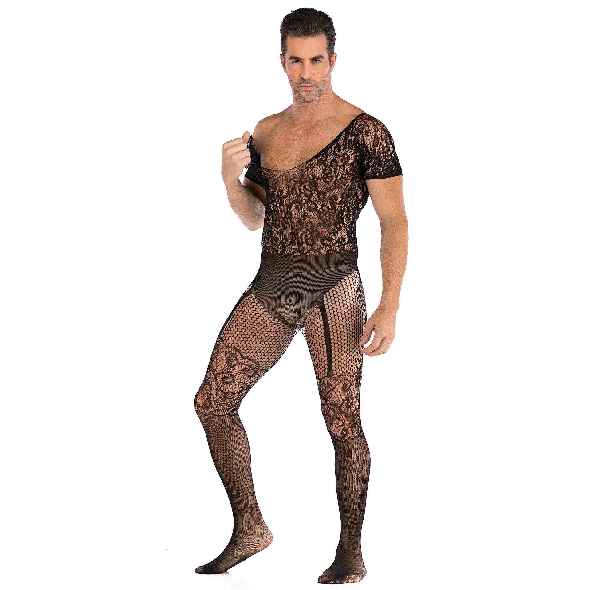 Mens Sexy Lace Fishnet See Through Bodystocking