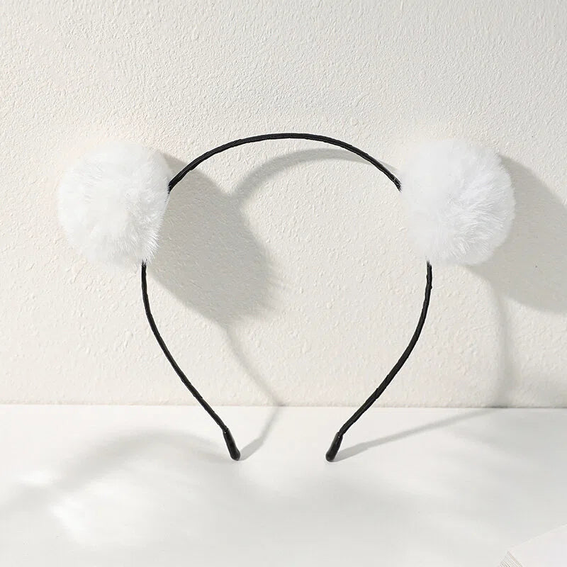 Cute White Pom Pom Bear Ear Headband | Soft Plush Girls Hair Accessory | Kawaii Cosplay Hairband