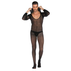 Men‘s Sexy Long Sleeve See-through Hooded Jumpsuit Stocking