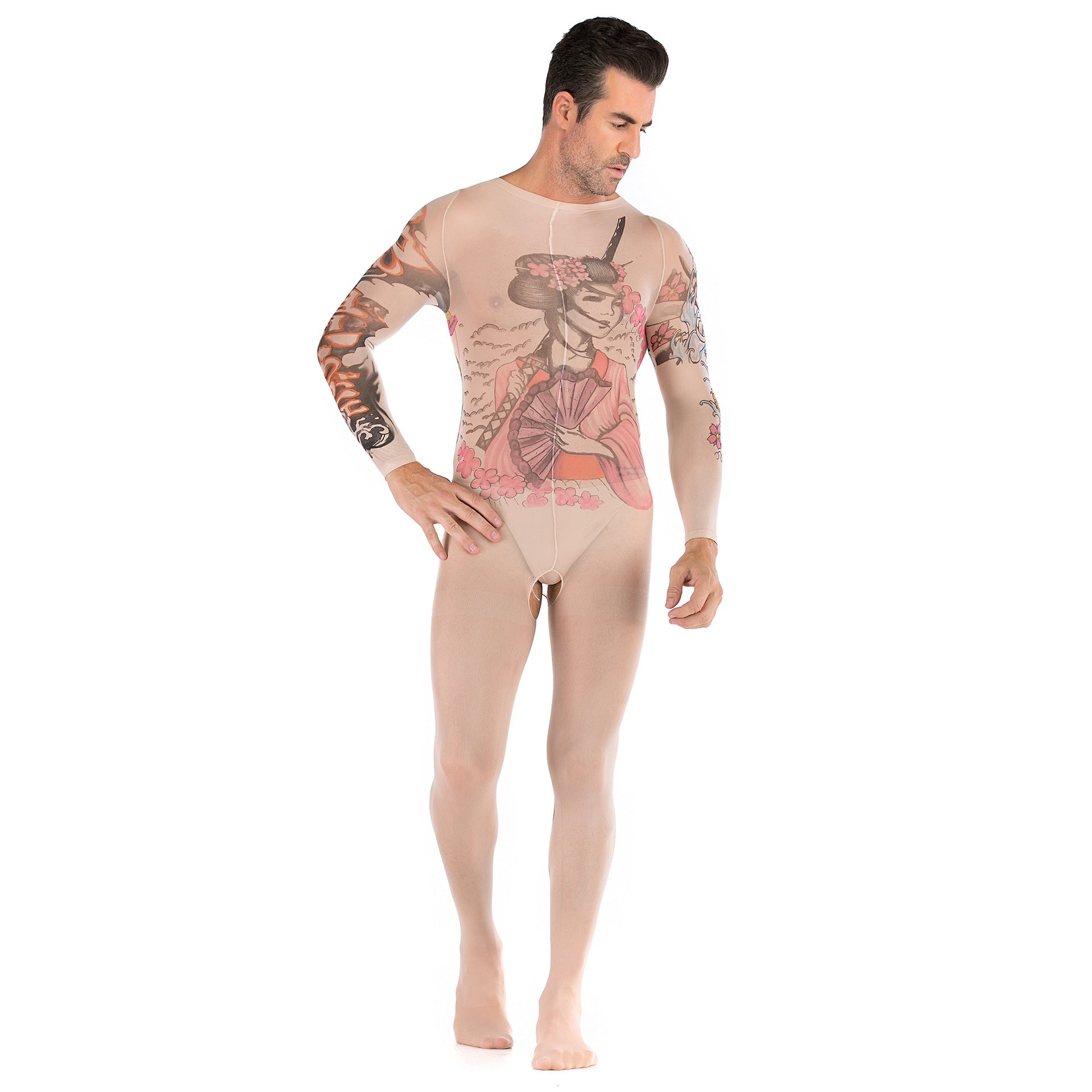 Men Sexy See Through Full Tattoo Coverage Bodystocking