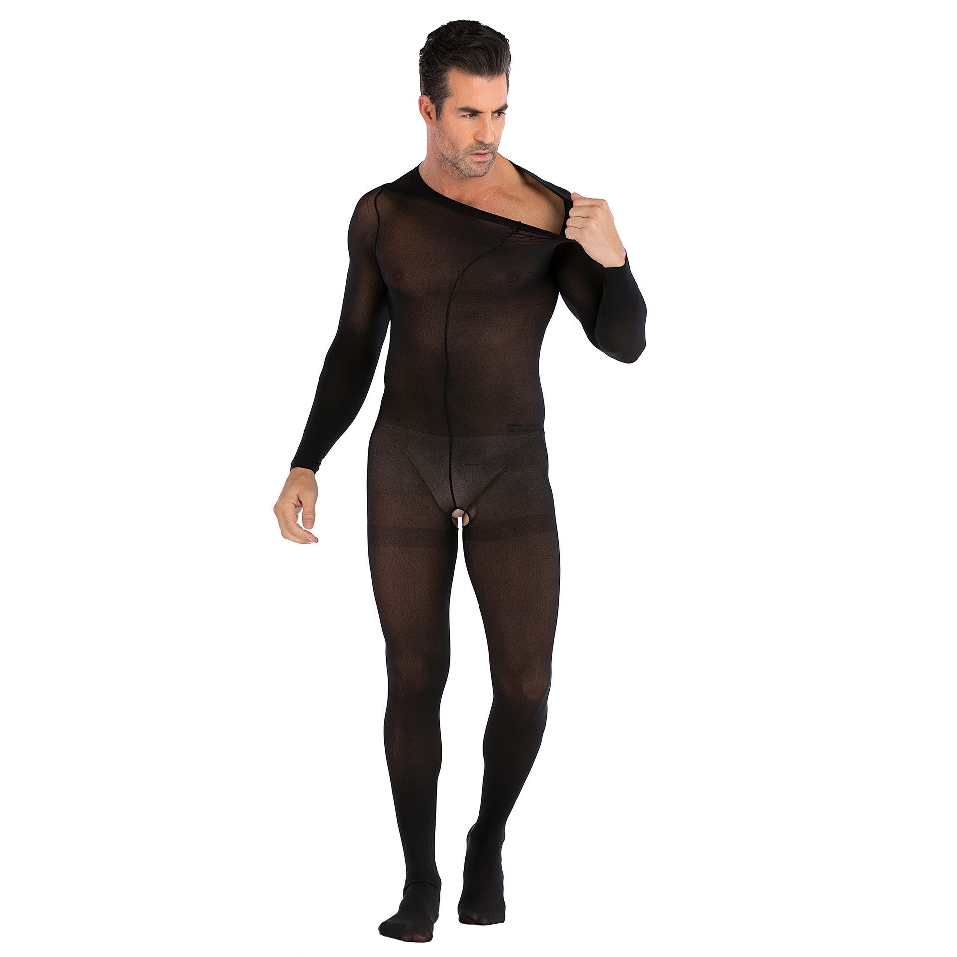 Men's Black Sexy Open Crotch Long Sleeve Bodystocking 