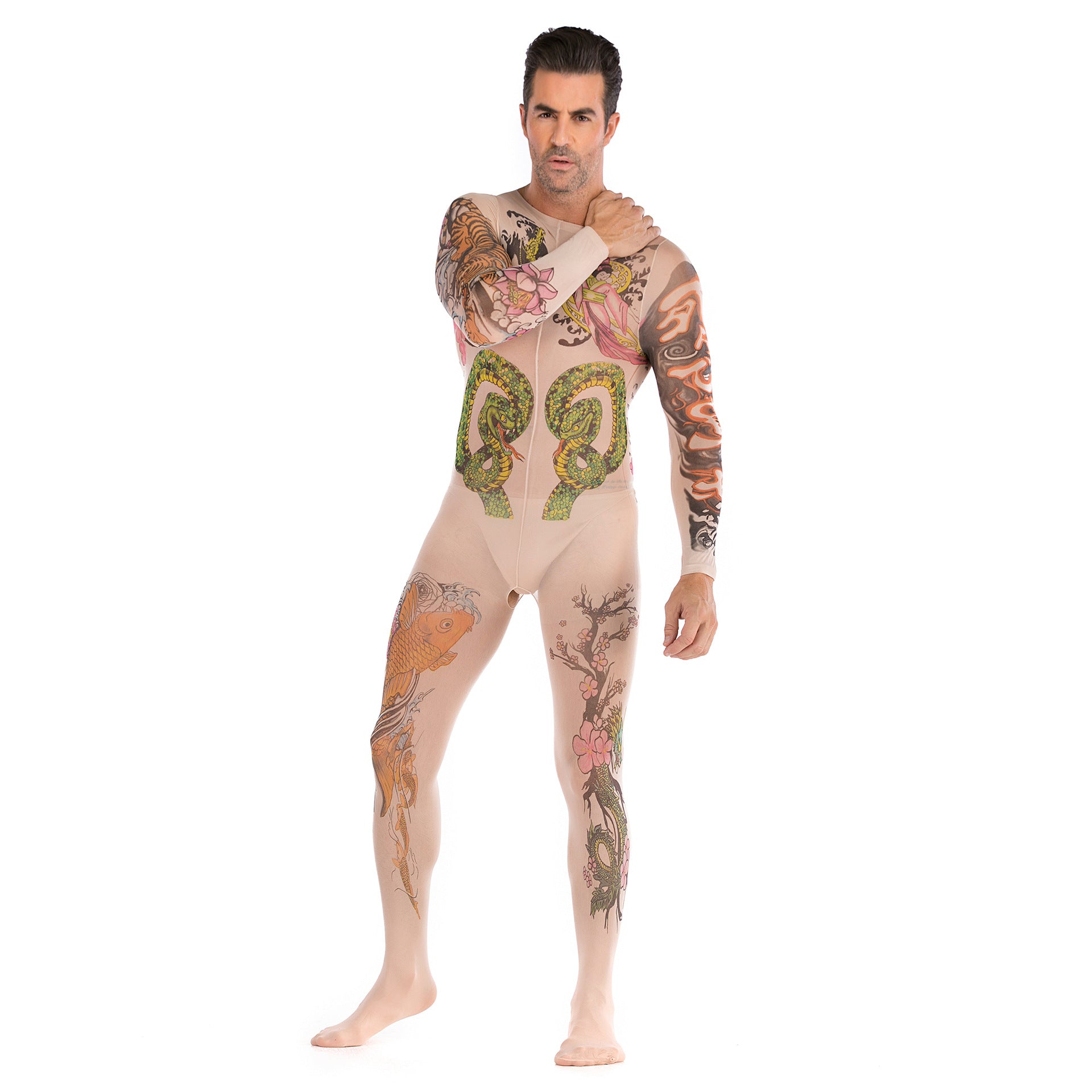 Men Sexy See Through Full Tattoo Coverage Bodystocking