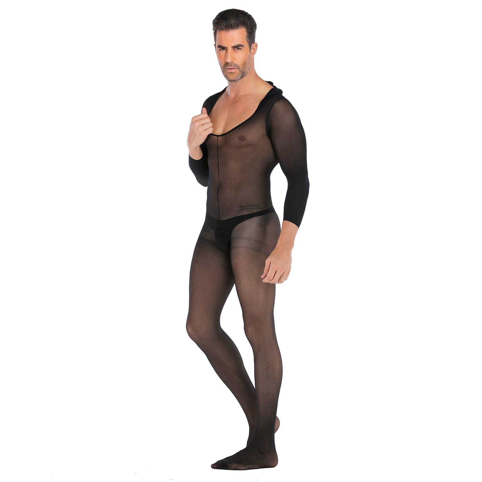 Men‘s Sexy Long Sleeve See-through Hooded Jumpsuit Stocking