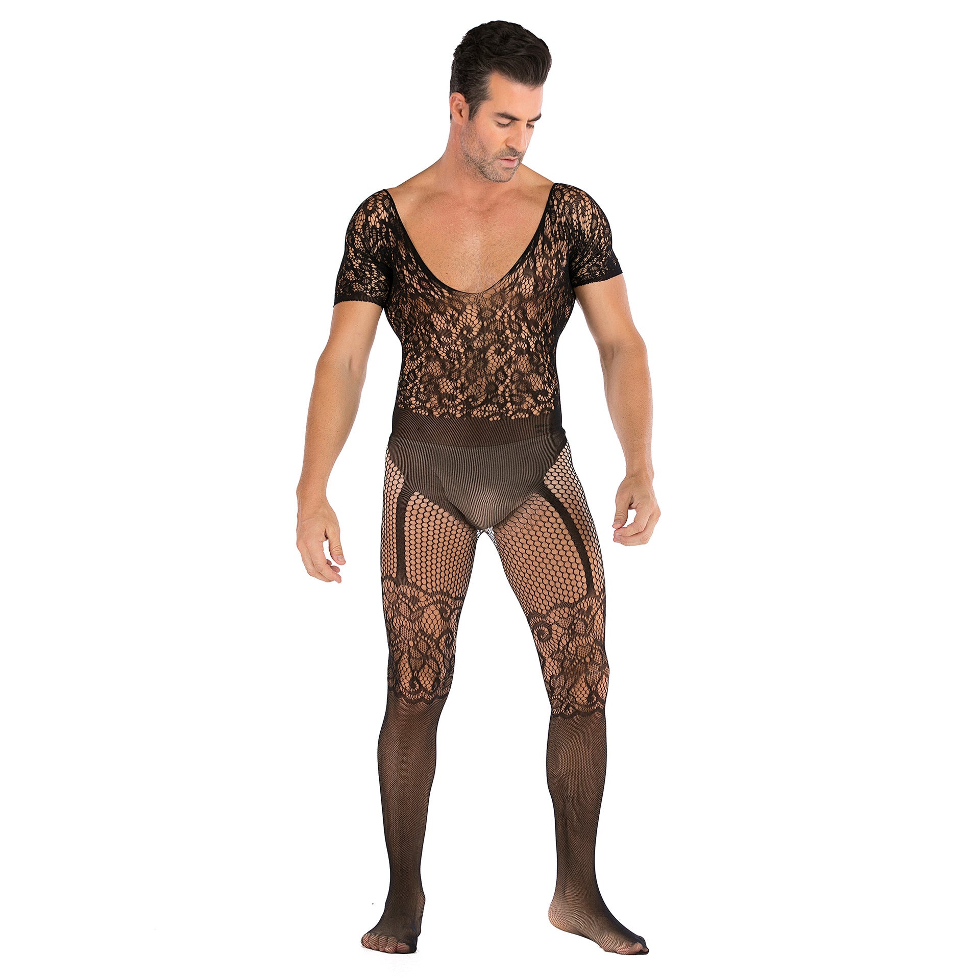 Mens Sexy Lace Fishnet See Through Bodystocking