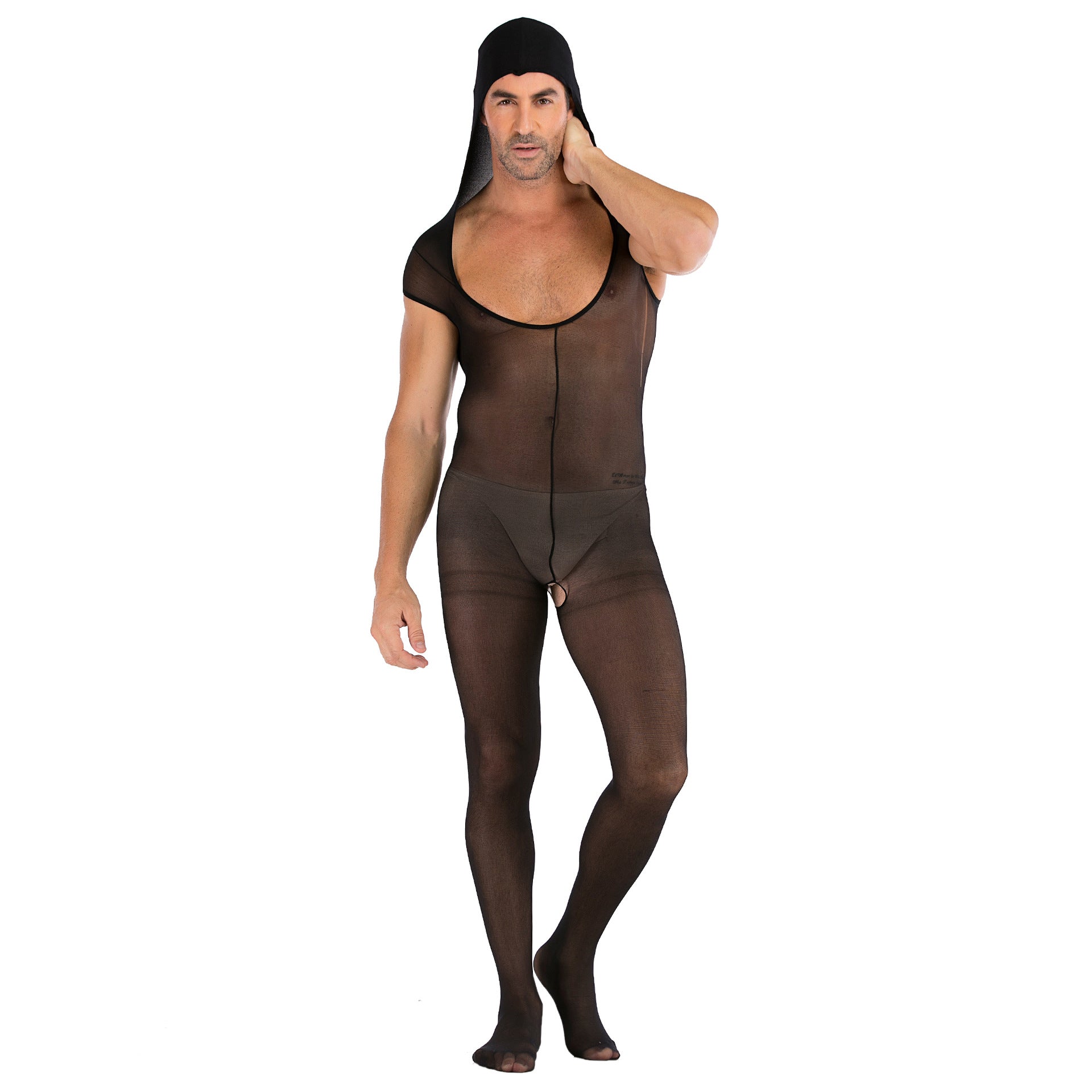 Men‘s Sexy Sleeveless See-through Crotchless Hooded Jumpsuit