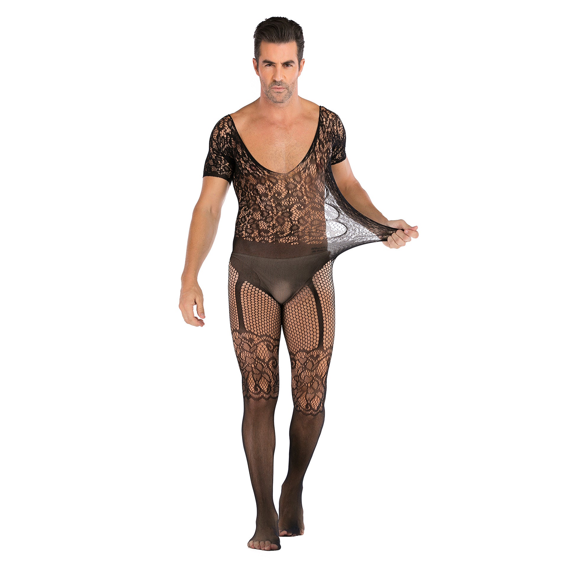 Mens Sexy Lace Fishnet See Through Bodystocking